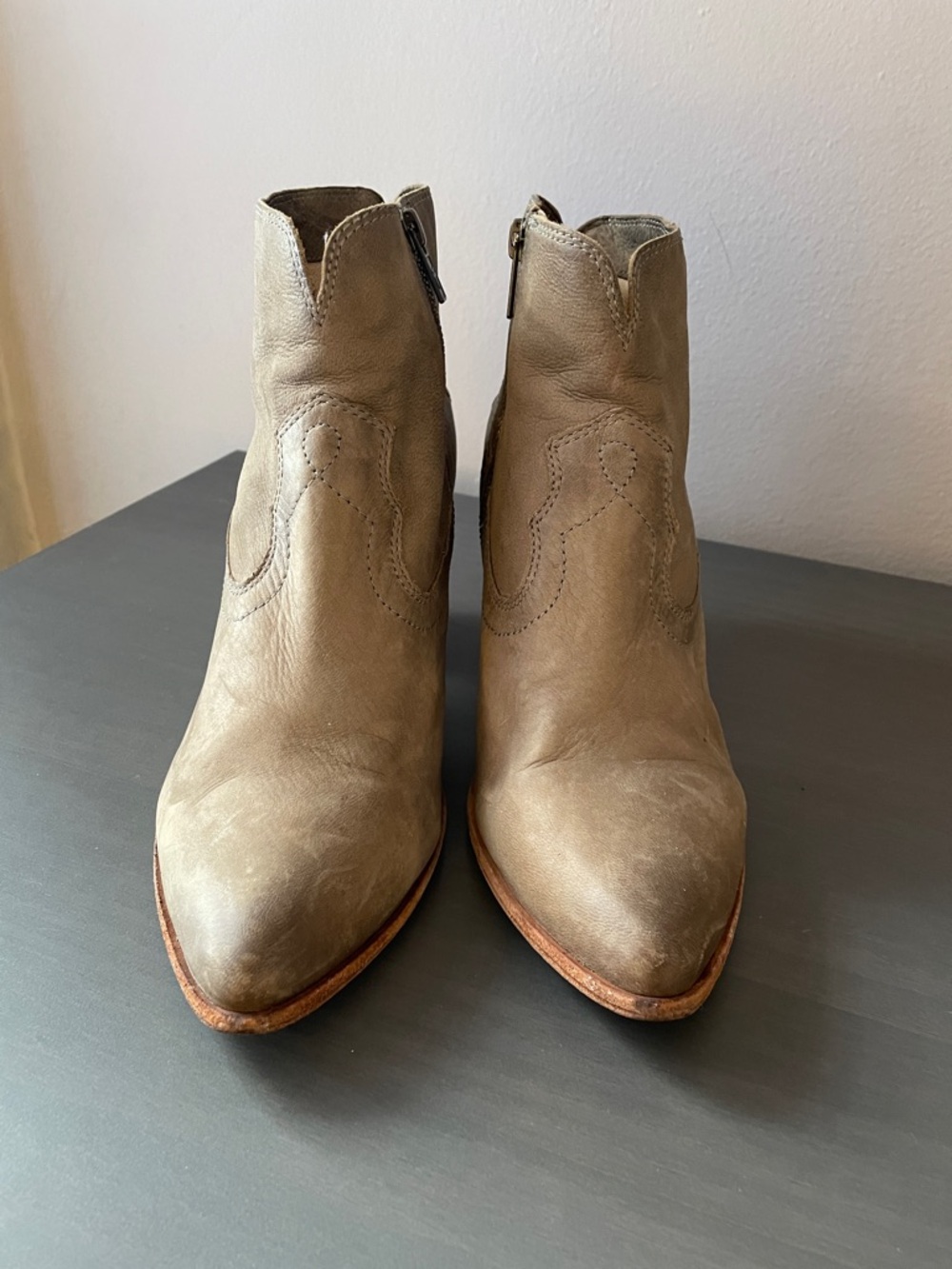 Frye Renee Taupe Leather Pointed Toe Ankle Booties